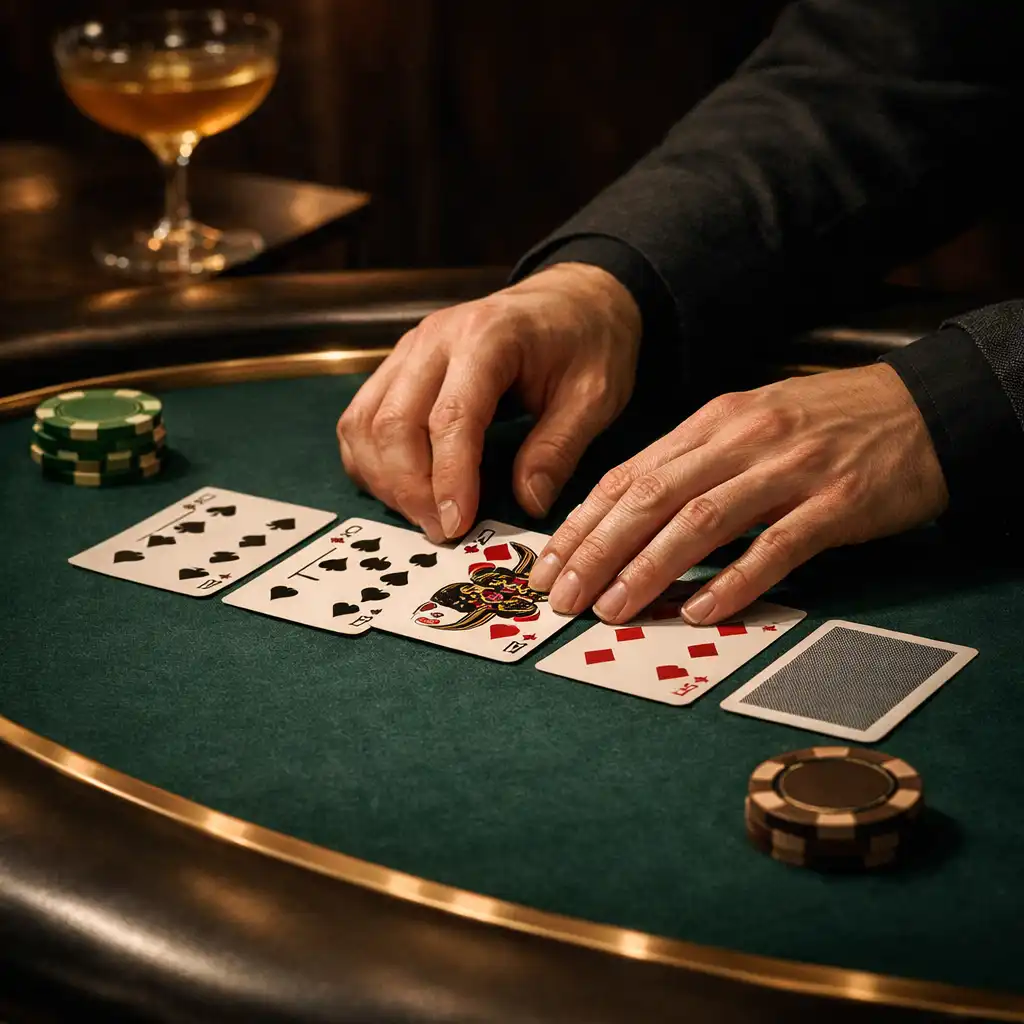 Dealer hands arranging cards on a live felt poker table