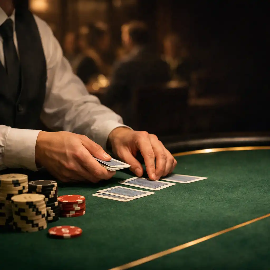 Dealer hands arranging cards on a live green felt poker table