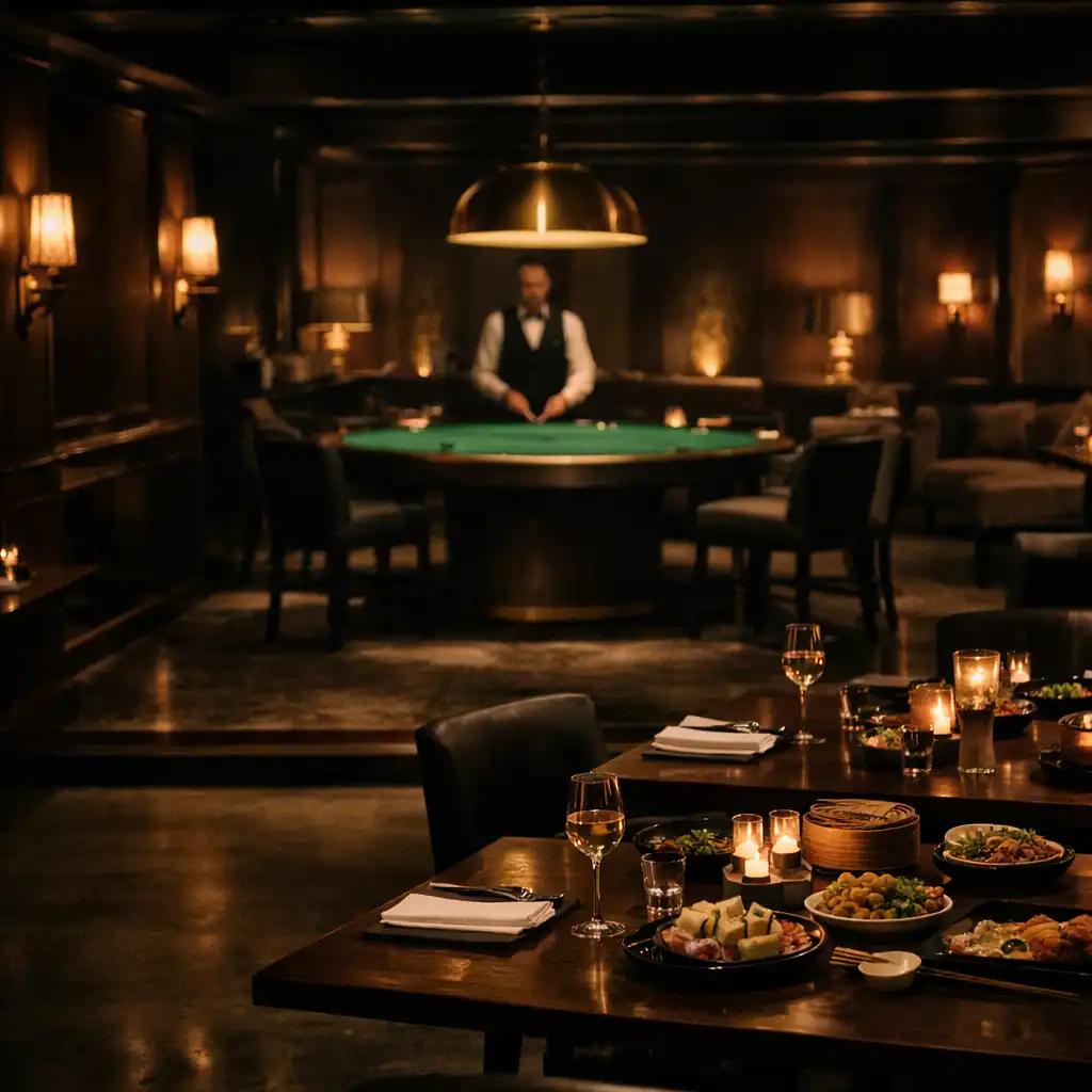 Dark timber dining room with linen tables and a softly glowing felt poker table in the distance
