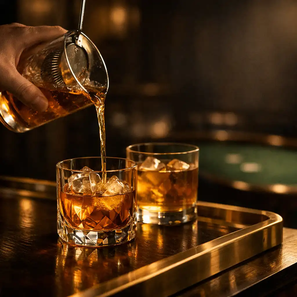 Careful cocktail pour into a faceted glass in warm tungsten lounge light