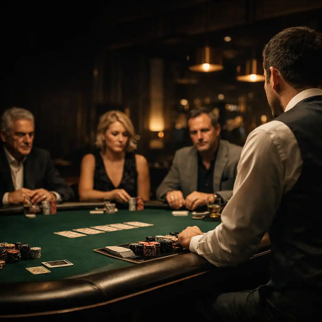Dealer and guests gathered around a live green felt poker table in Sableandlinenn Lounge & Poker Room