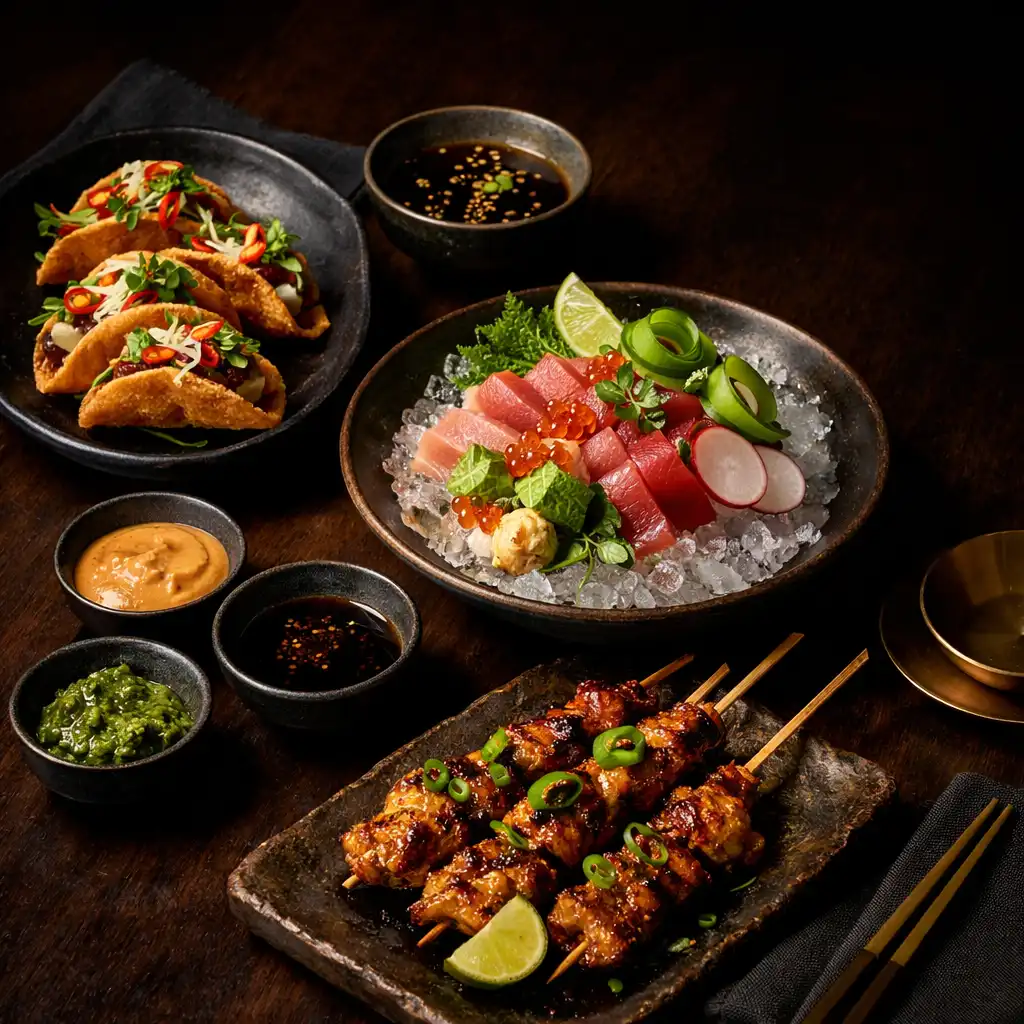 Pan-Asian opening plates, ceramic sauce dishes and brass accents on dark timber
