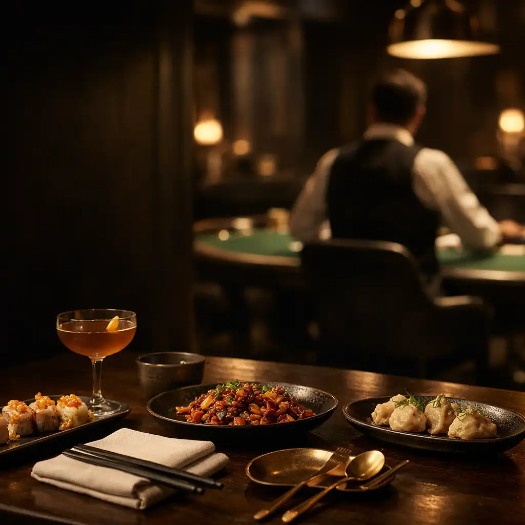 Pan-Asian dinner table in a dark lounge with a softly focused felt poker table beyond