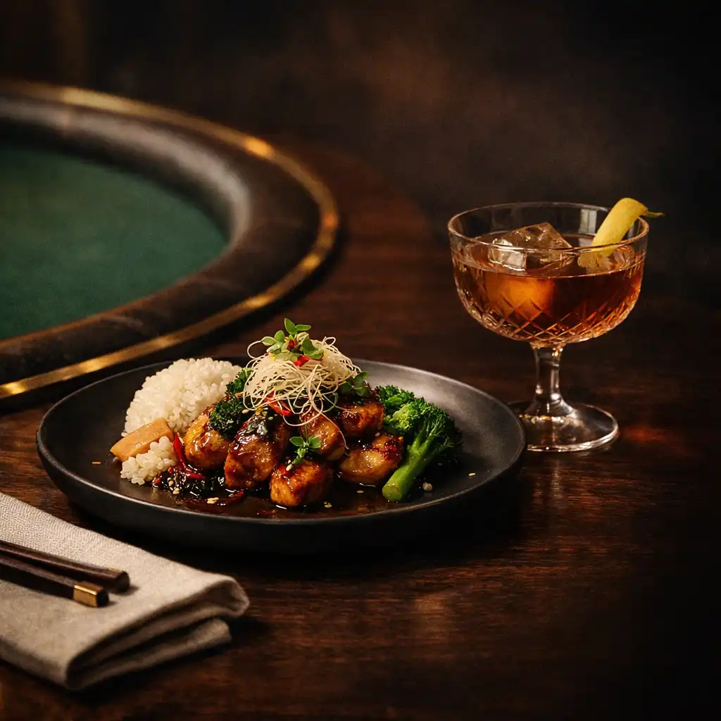 Pan-Asian plated dish and mixed drink beside a subtle green felt poker table edge