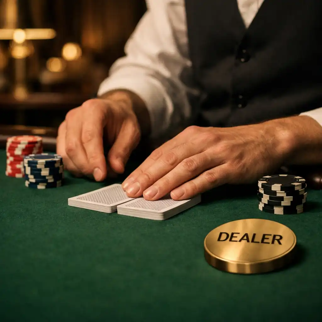 Dealer hands arranging cards and tournament chips on a live green felt poker table.