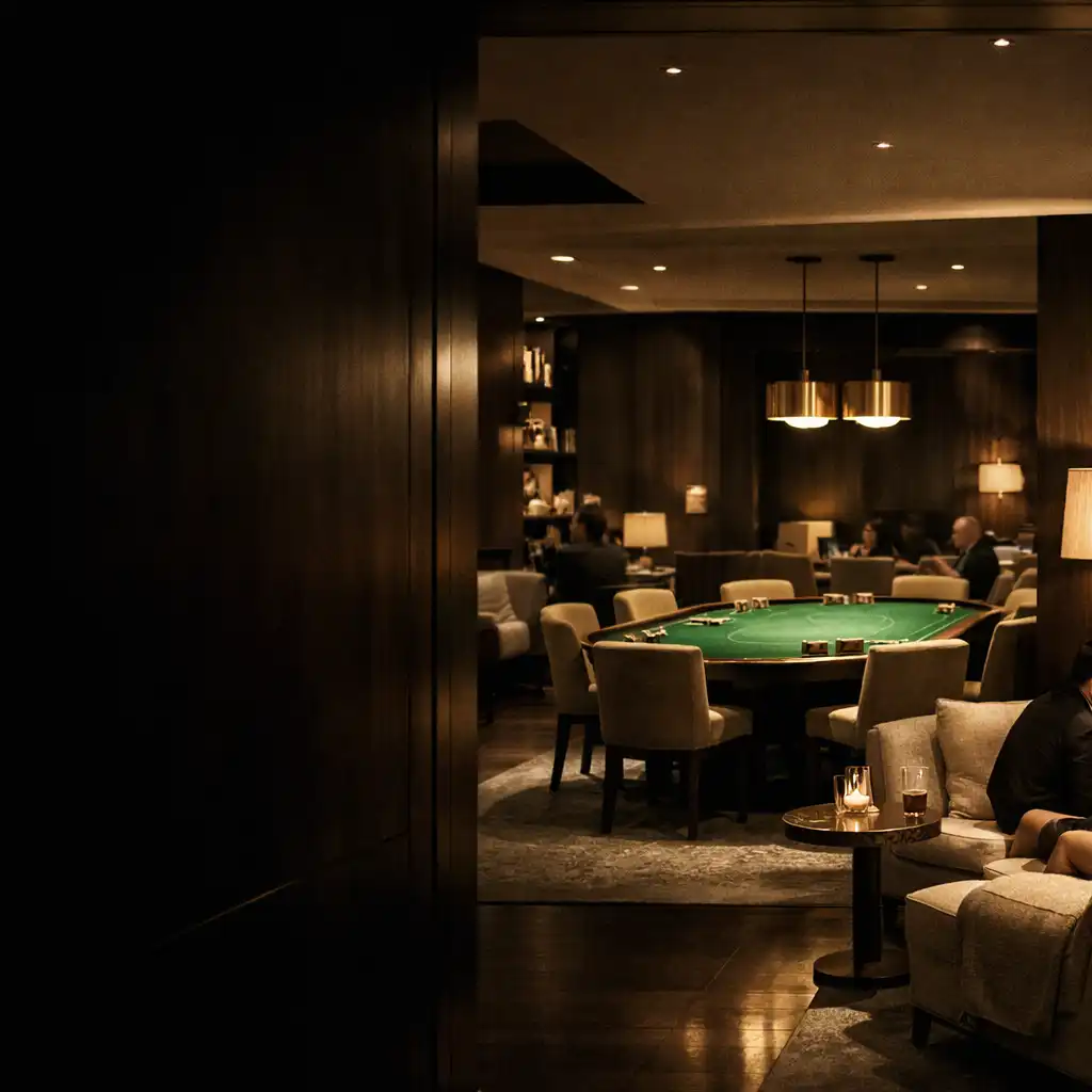 Warmly lit Sableandlinenn lounge with a green felt poker table set within dark timber and brass details.