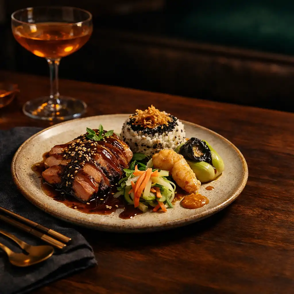 Elegant pan-Asian plated course on dark timber with linen and warm cocktail light.