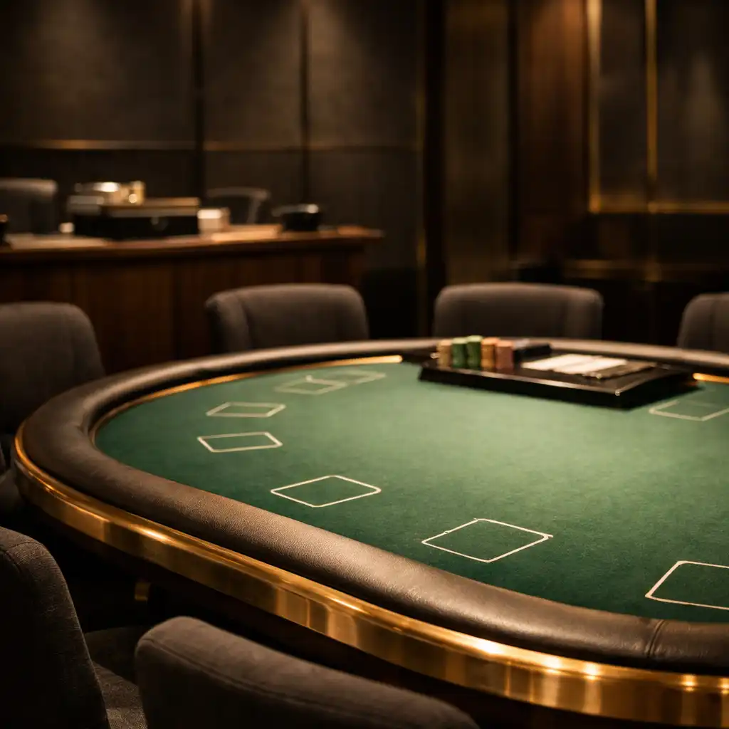 Green felt poker table and charcoal chairs in the physical card poker room