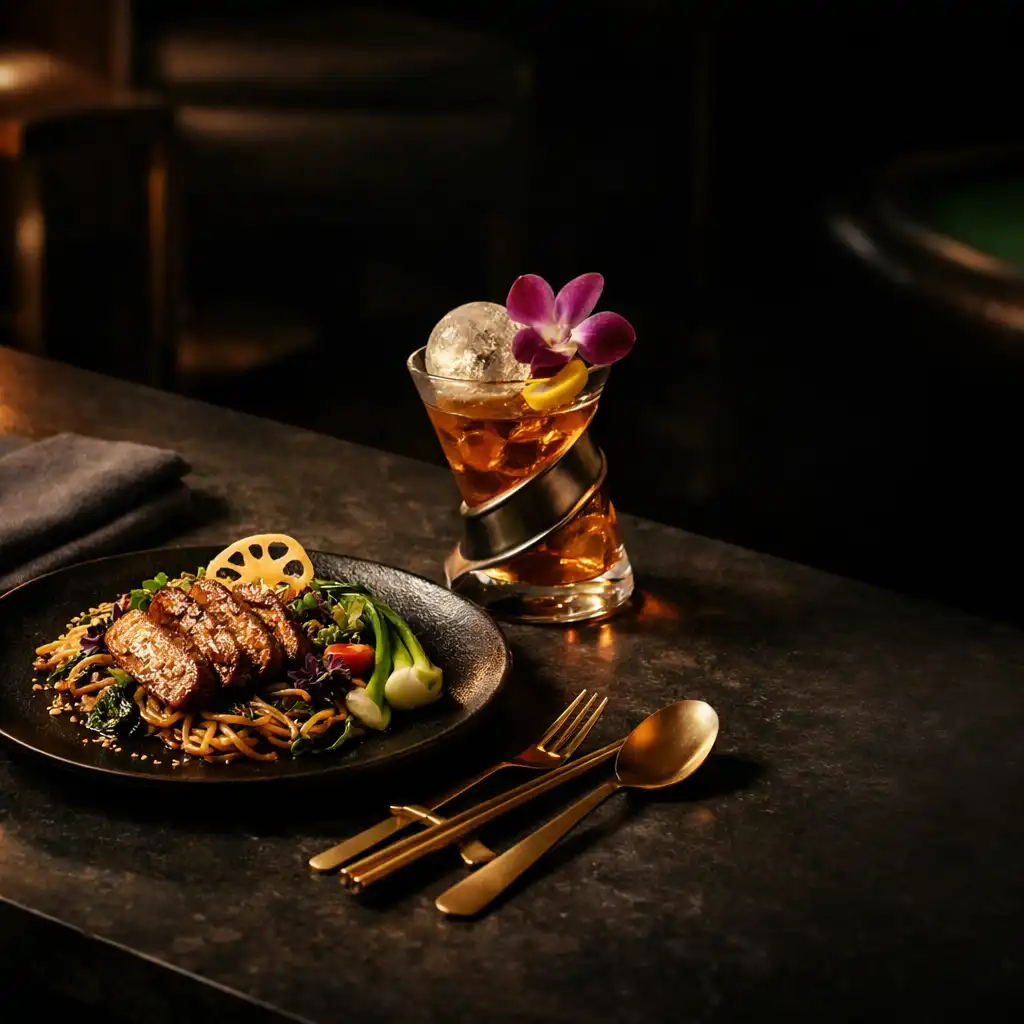 Refined pan-Asian dining and a mixed drink in the dark lounge