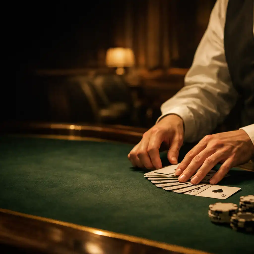 Dealer hands arranging cards on a green felt poker table in the lounge