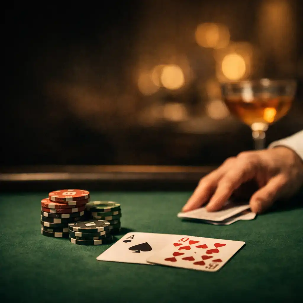 Tournament chips and cards on a green felt poker table under warm lounge light