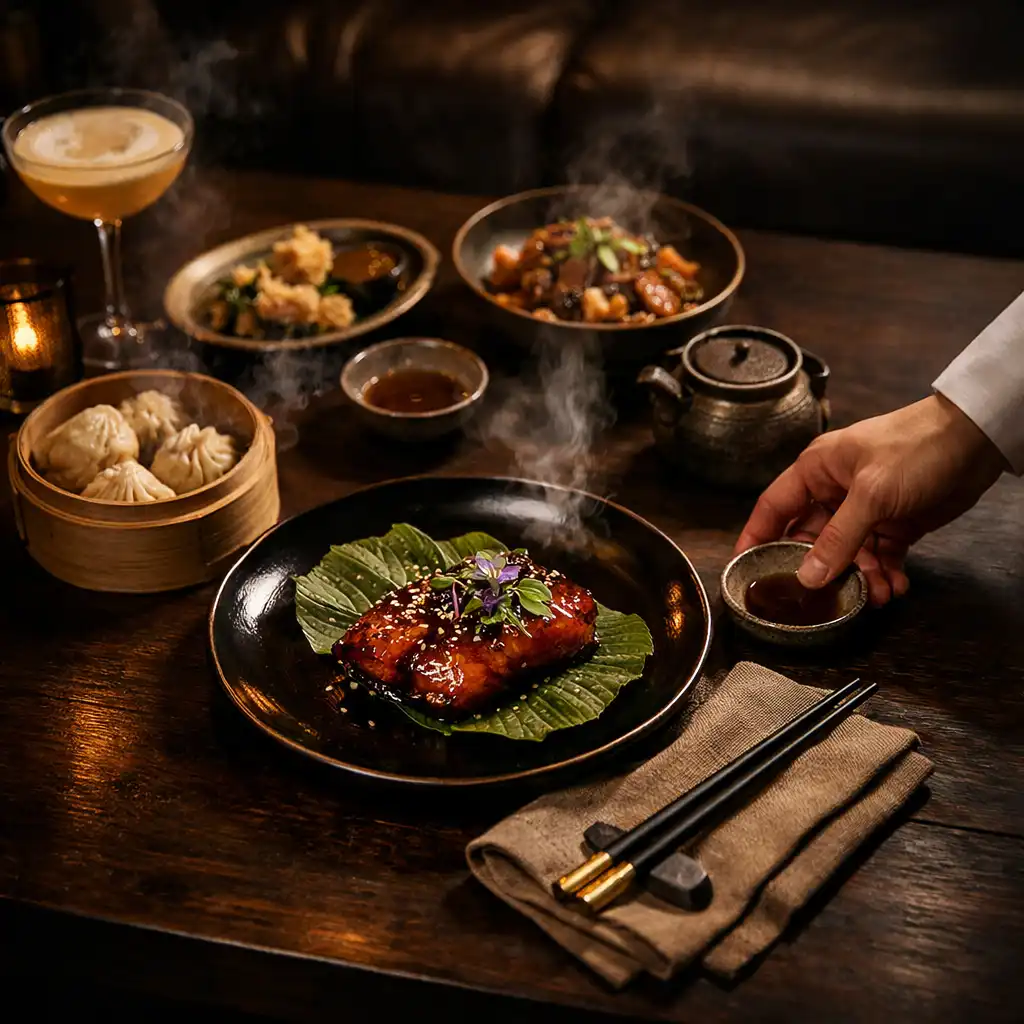 Pan-Asian dining setting with linen, plated food and warm service