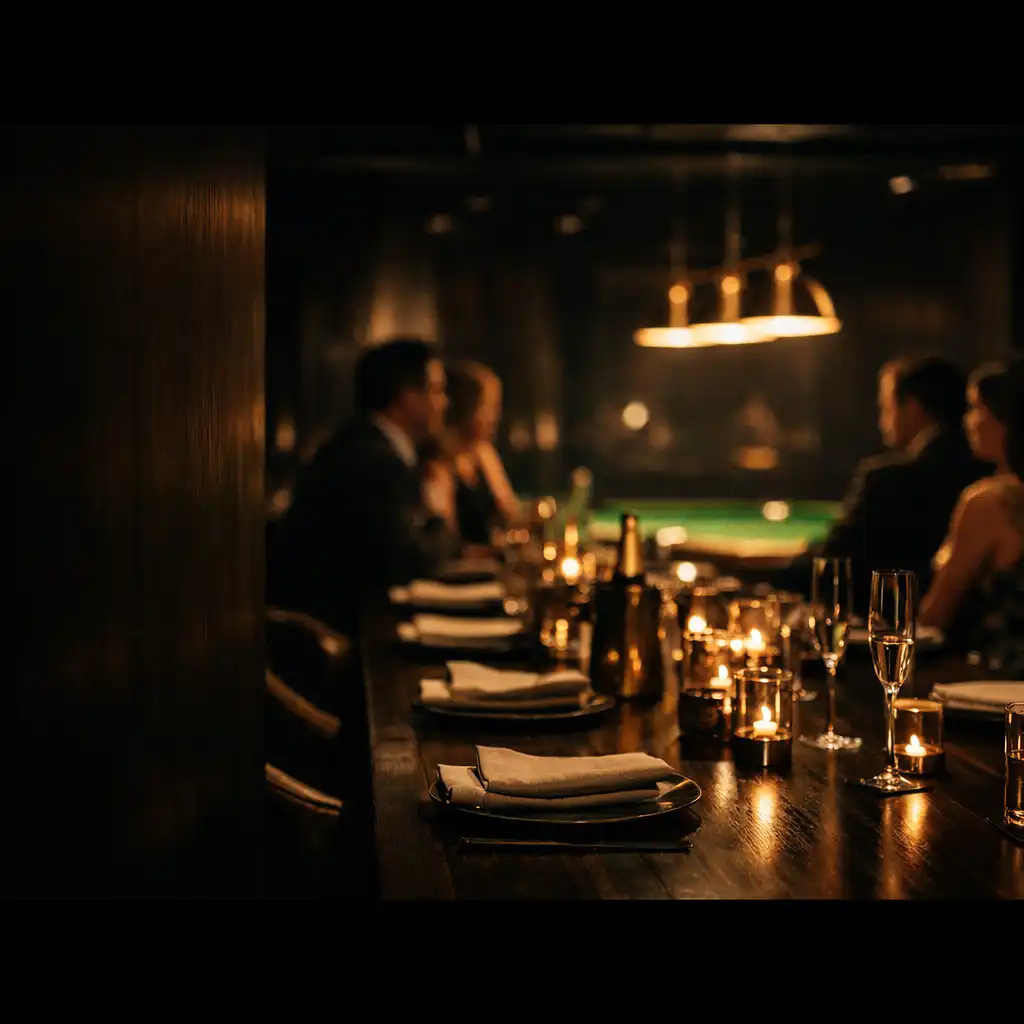 Warmly lit private dining table in Sableandlinenn Lounge & Poker Room