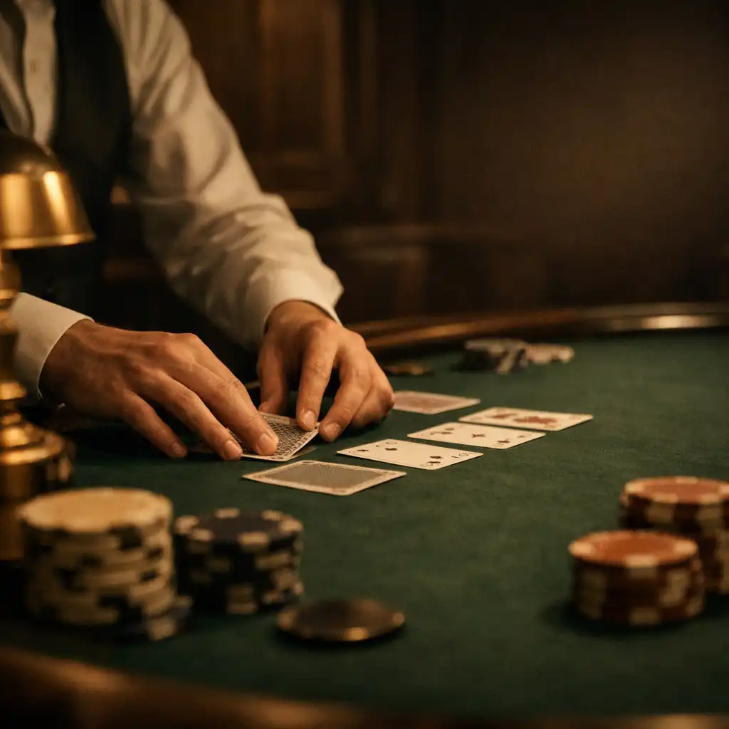 Dealer hands arranging physical cards on a green felt poker table