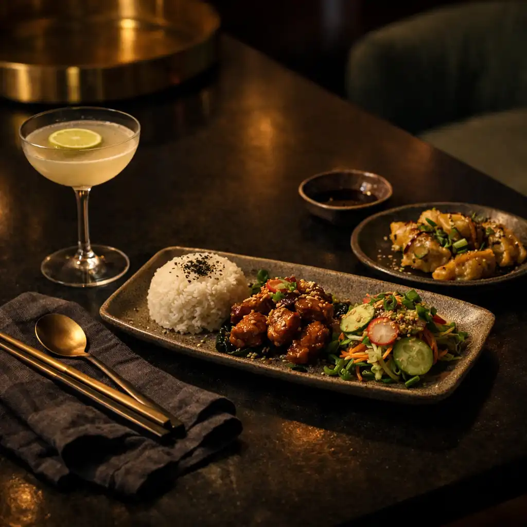 Pan-Asian dining detail with ceramic, linen and cocktail glass