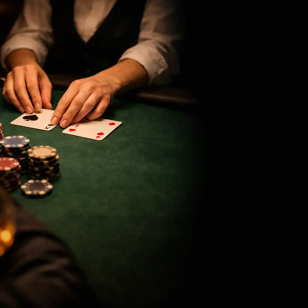 Dealer hands arranging cards and tournament chips on a felt poker table