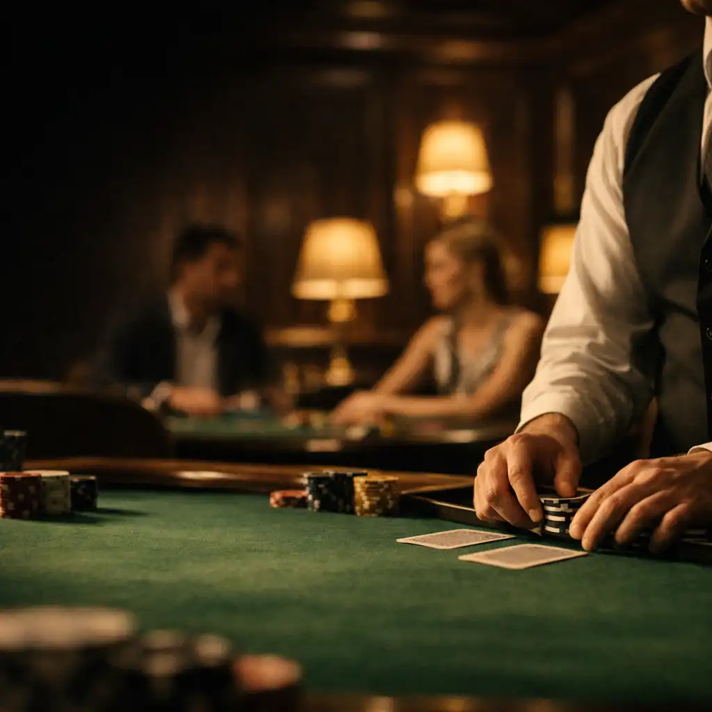 Dealer hands at a live felt poker table in the Sableandlinenn lounge