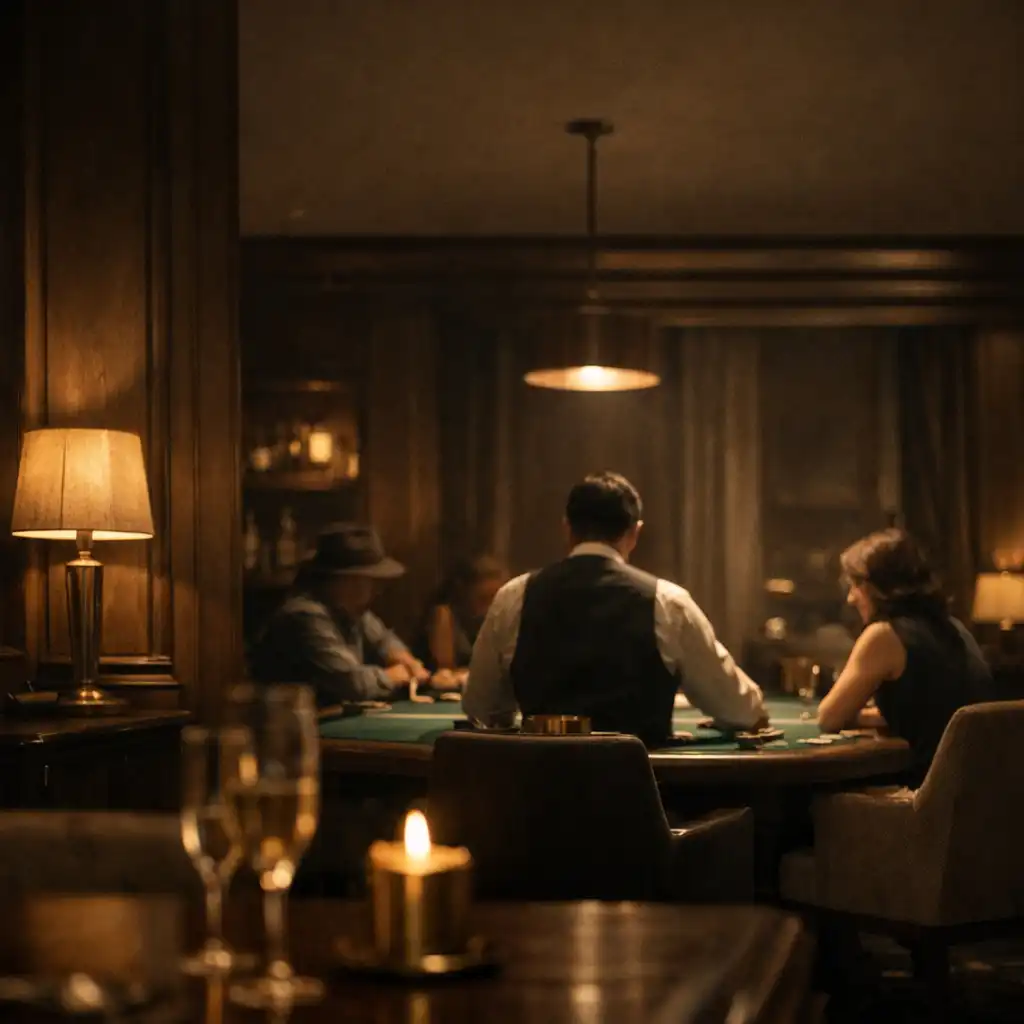 Warmly lit Sableandlinenn lounge with a felt poker table in the distance
