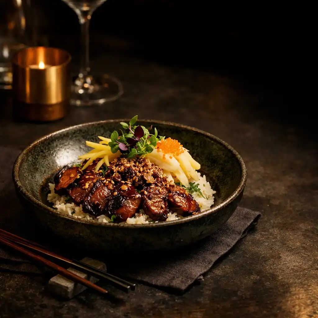 Pan-Asian plated dish on a dark linen table under warm lounge light